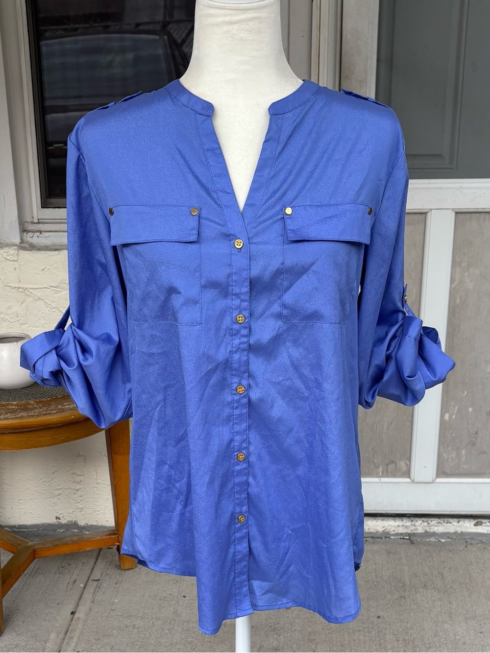 Charter Club Muted Slate Blue Utility Roll-Tab Blouse - Size Medium (Like New) - Picture 7 of 9